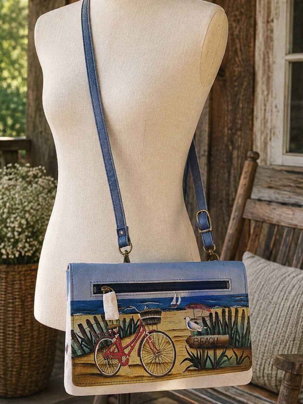 Anuschka Nwt Handpainted Leather Beach-Scene Crossbody Bag